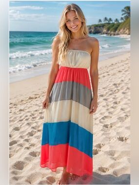 Xtaren Strapless Colorblock Maxi Dress in Coral, blue, gray & Cream